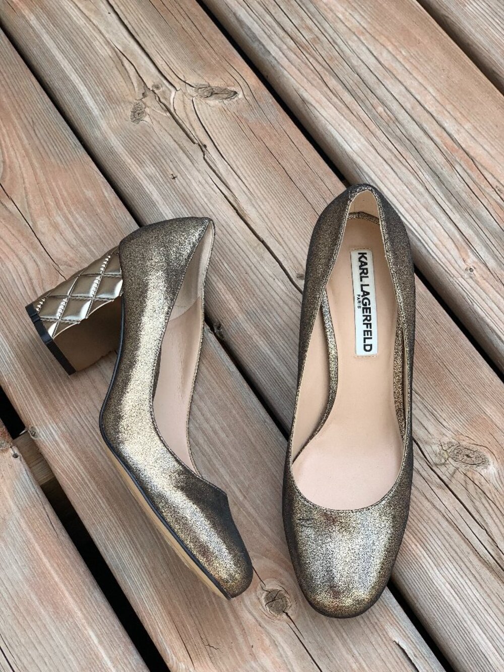 Karl Lagerfeld Paris Pumps 7 Metallic Gold Leather Scarlet Mid Block Heels Shoes